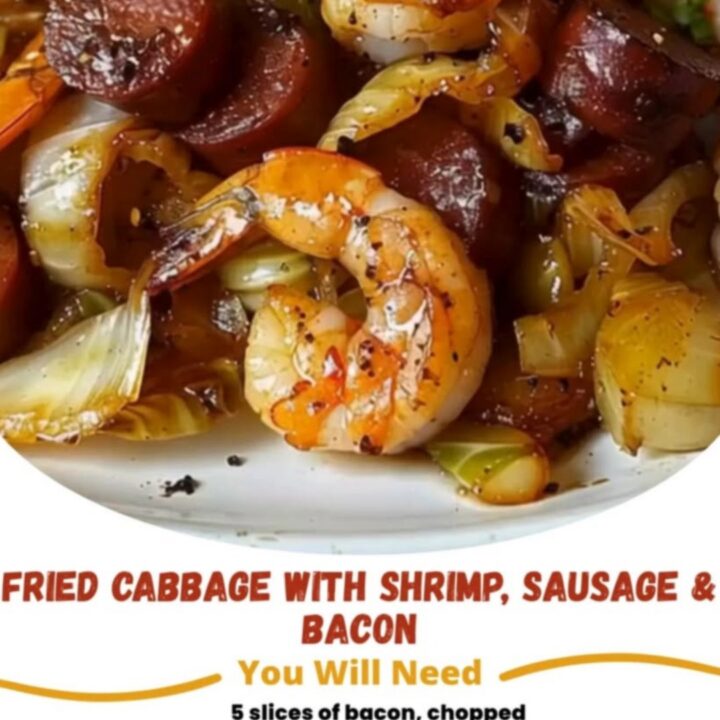 A rustic skillet filled with sautéed green cabbage, sliced smoked sausage, crispy bacon, and seared shrimp.