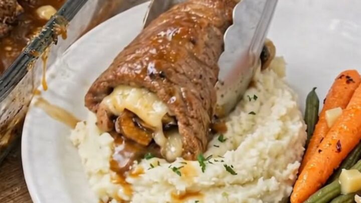 A juicy beef roll topped with melted mozzarella and mushrooms, served with gravy and mashed potatoes.