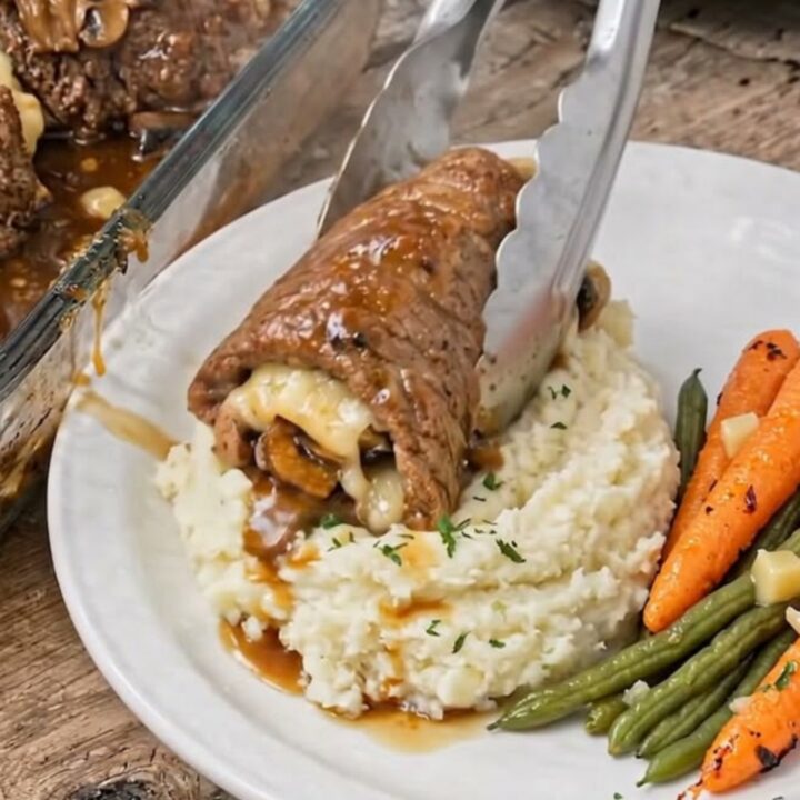 A juicy beef roll topped with melted mozzarella and mushrooms, served with gravy and mashed potatoes.