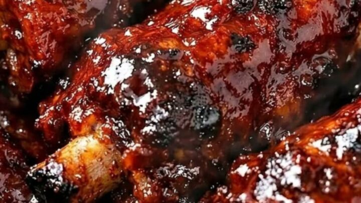A steaming, sticky-glazed beef rib lifted from a slow cooker with metal tongs, showing tender, fall-apart meat.