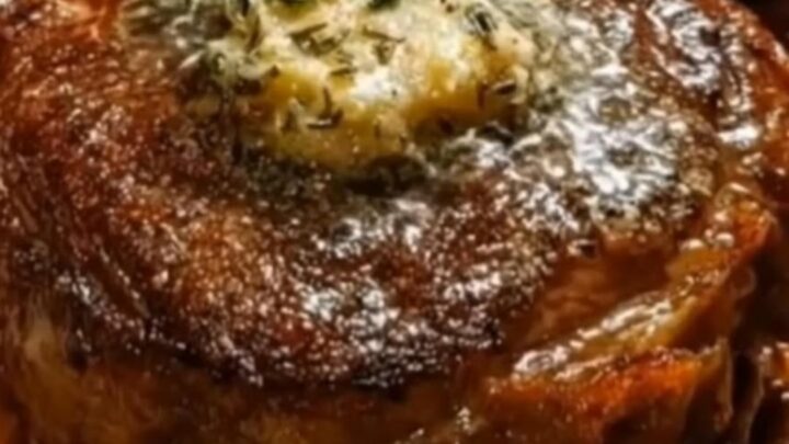 Two thick seared garlic butter steaks resting on a wooden board topped with melting butter and fresh thyme.