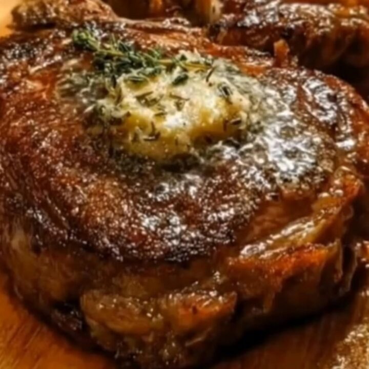 Two thick seared garlic butter steaks resting on a wooden board topped with melting butter and fresh thyme.