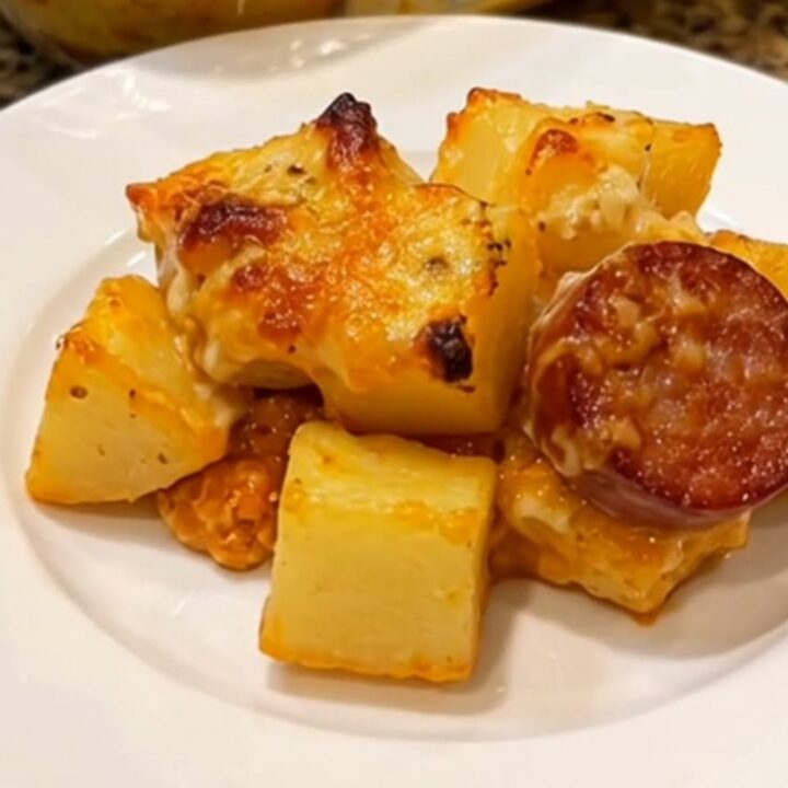 A golden, bubbly potato and sausage bake in a glass dish, fresh from the oven with melted cheese.