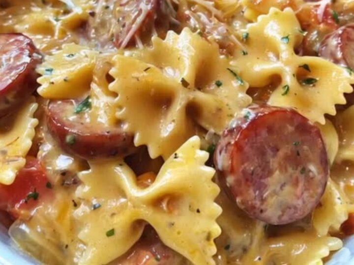 A close-up of creamy farfalle pasta with seared smoked sausage slices in a large serving bowl.