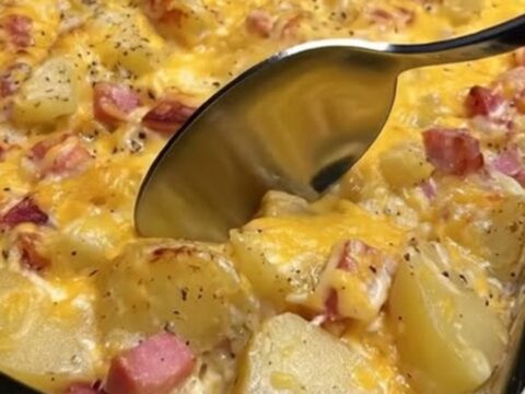 A steaming, golden-brown cheesy ham and potato casserole in a glass baking dish.