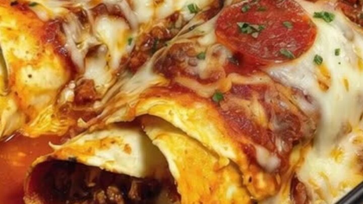A spatula lifting a cheesy slice of ground beef pizza enchiladas with a dramatic mozzarella cheese pull.
