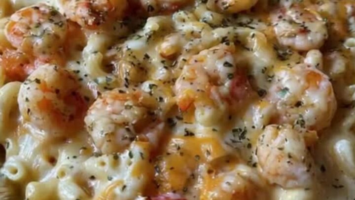 A close-up of a creamy mac and cheese bake topped with seasoned shrimp in a foil pan.