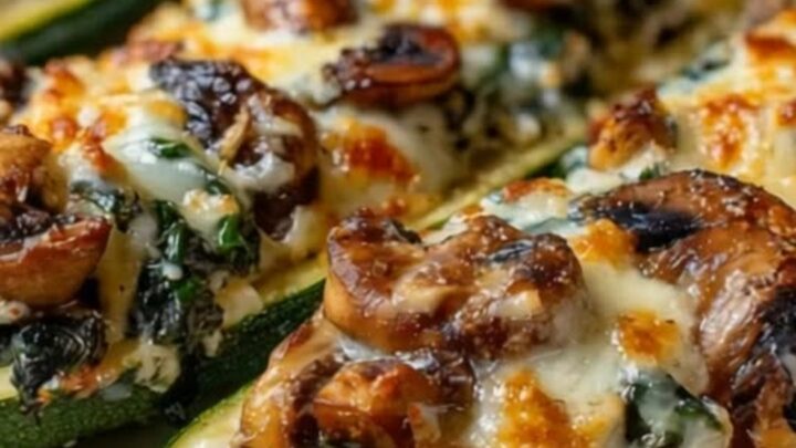 A golden, baked stuffed zucchini boat topped with mushrooms and melted cheese in a baking dish.