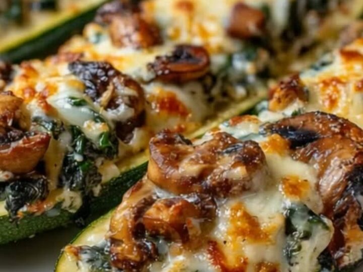 A golden, baked stuffed zucchini boat topped with mushrooms and melted cheese in a baking dish.