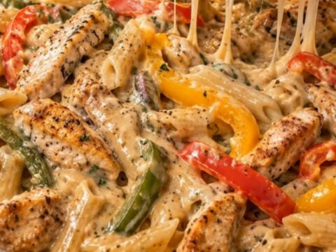 A close-up of creamy jerk chicken rasta pasta in a skillet with colorful peppers.