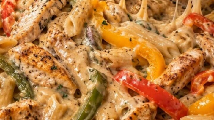 A close-up of creamy jerk chicken rasta pasta in a skillet with colorful peppers.