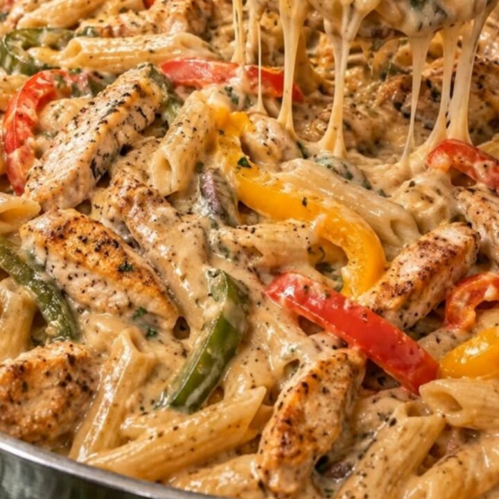 A close-up of creamy jerk chicken rasta pasta in a skillet with colorful peppers.