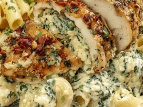 Golden, herb-crusted stuffed chicken breast served over a bed of creamy spinach rigatoni pasta on a white ceramic plate.
