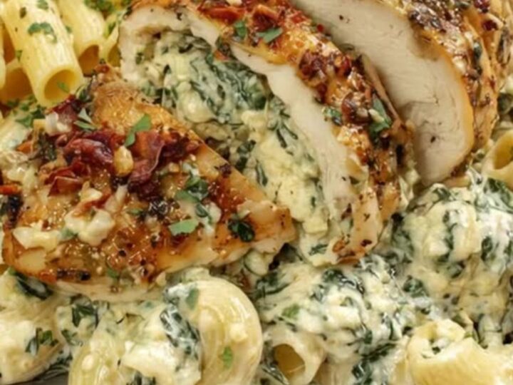Golden, herb-crusted stuffed chicken breast served over a bed of creamy spinach rigatoni pasta on a white ceramic plate.