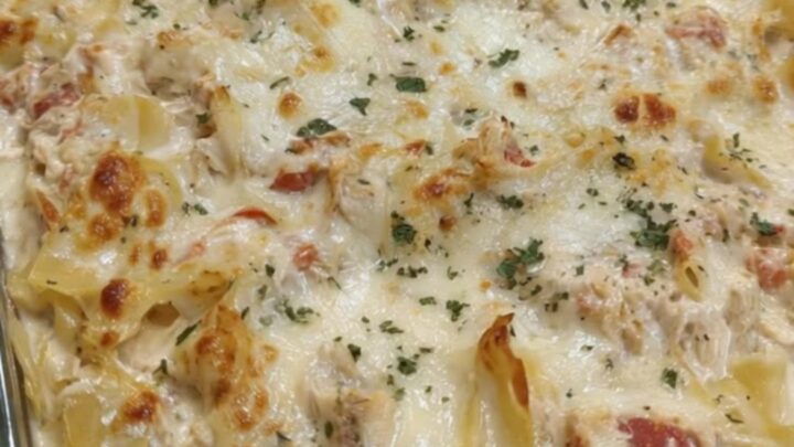 A golden-brown chicken spaghetti lasagna bake in a glass dish with a dramatic cheese pull.