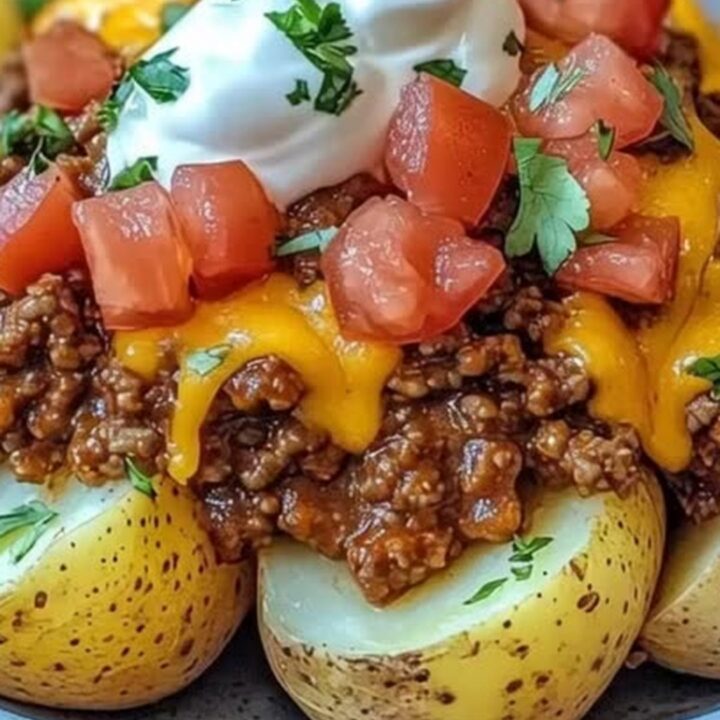 A steaming loaded baked potato topped with seasoned beef, melted cheddar, sour cream, and fresh diced tomatoes.