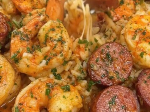 A white bowl filled with steaming white rice topped with seared sausage, garlic butter shrimp, and fresh parsley.