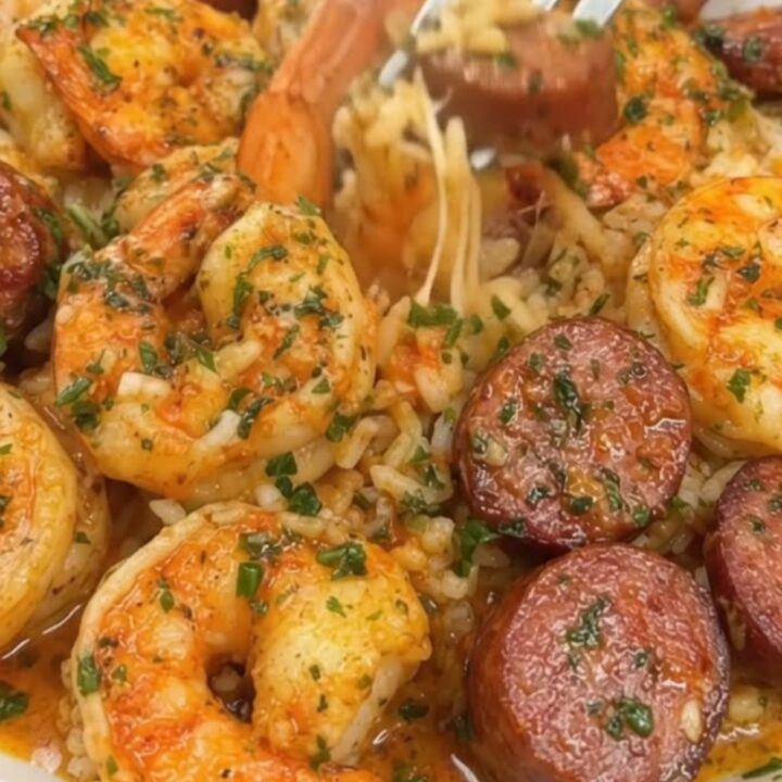 A white bowl filled with steaming white rice topped with seared sausage, garlic butter shrimp, and fresh parsley.