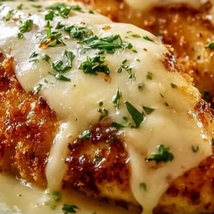 Golden Parmesan crusted chicken breast served on a white plate.