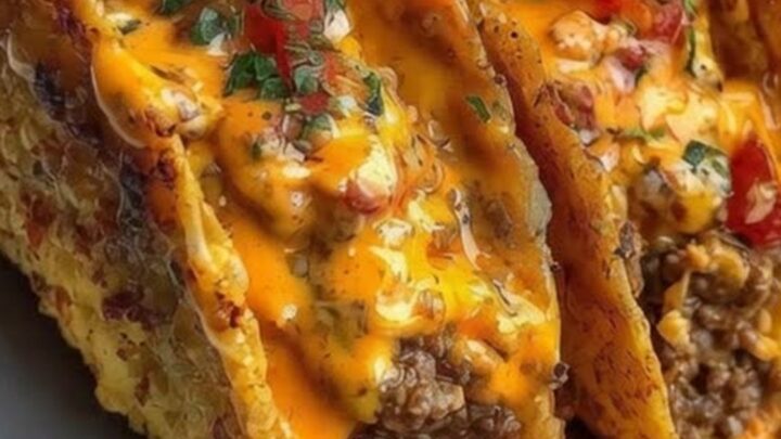 A tray of golden-brown, crispy beef tacos topped with melted cheddar cheese and diced tomatoes.
