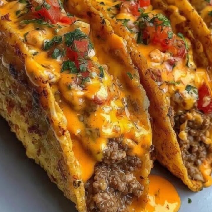 A tray of golden-brown, crispy beef tacos topped with melted cheddar cheese and diced tomatoes.