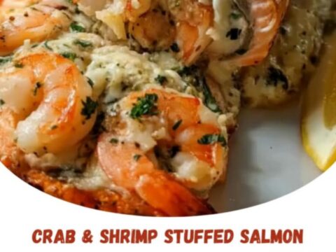 A close-up view of a baked salmon fillet stuffed with a creamy crab and shrimp filling inside a baking pan.