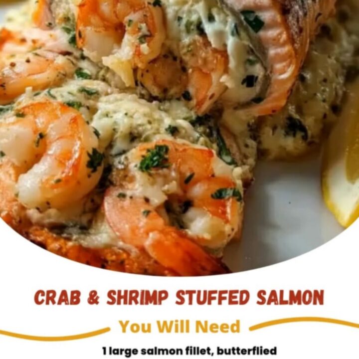 A close-up view of a baked salmon fillet stuffed with a creamy crab and shrimp filling inside a baking pan.