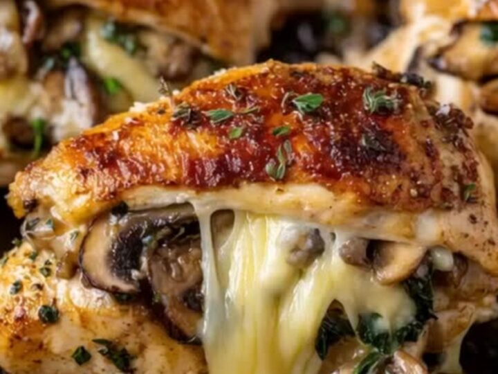 A golden-brown stuffed chicken breast in a cast-iron skillet with visible melted cheese.