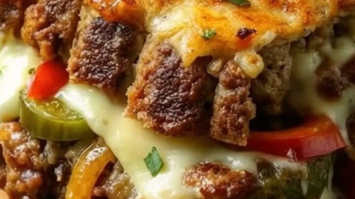 A golden-brown meatloaf topped with melted provolone and green onions on a wooden board.