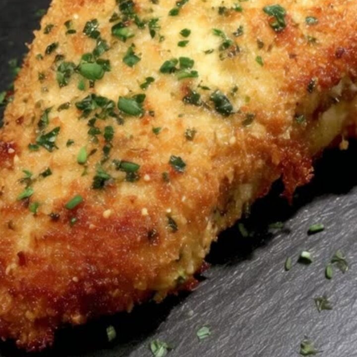 A golden-brown crispy Chicken Cordon Bleu roll resting on a dark slate platter.
