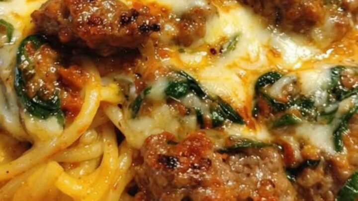 A steaming bowl of creamy Cajun spaghetti topped with ground beef, sausage, and melted cheese.