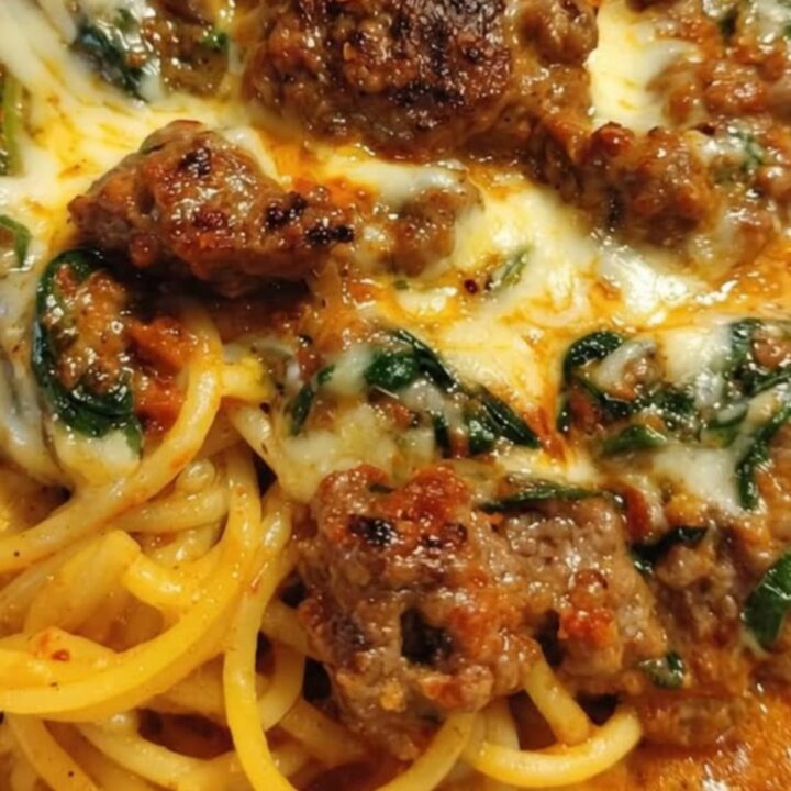 A steaming bowl of creamy Cajun spaghetti topped with ground beef, sausage, and melted cheese.
