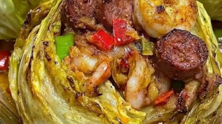 A glass baking dish containing roasted green cabbage wedges topped with seared shrimp and sliced smoked sausage.
