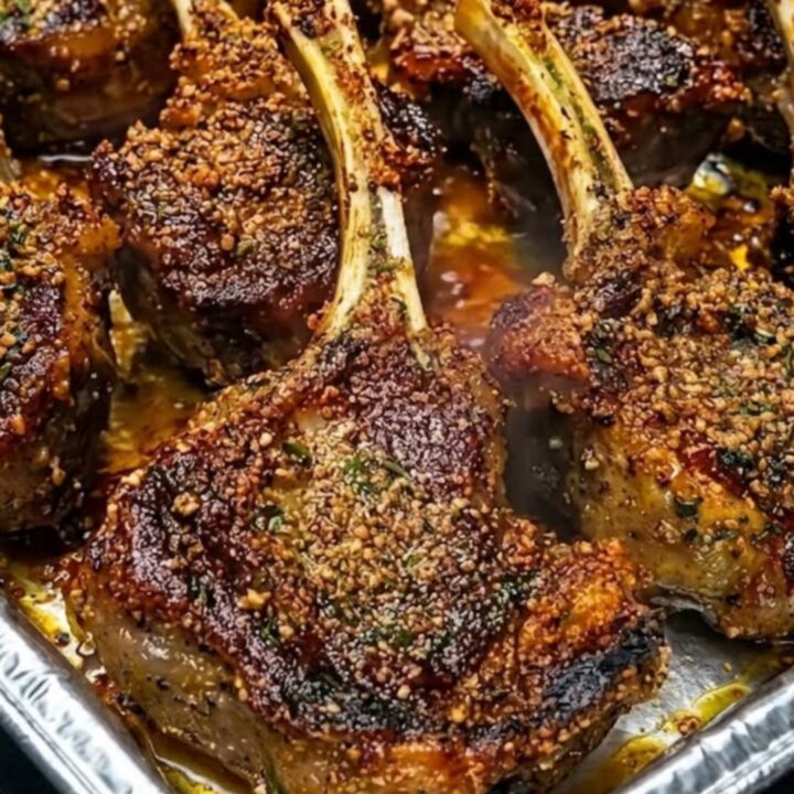 A golden herb-crusted lamb chop resting on a white plate with visible juices.