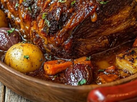 A steaming, tender pot roast served in an oval baker with carrots, baby potatoes, and fresh rosemary.