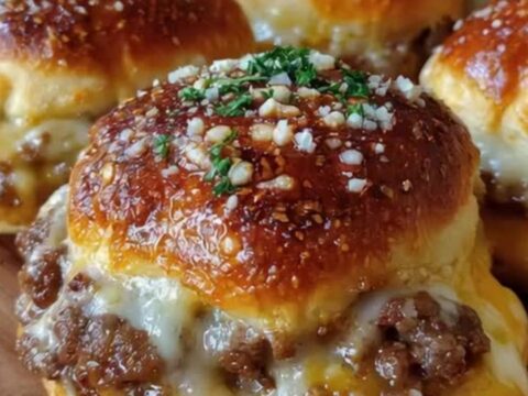 A golden-brown garlic parmesan cheeseburger bomb on a wooden board with a visible cheese pull.