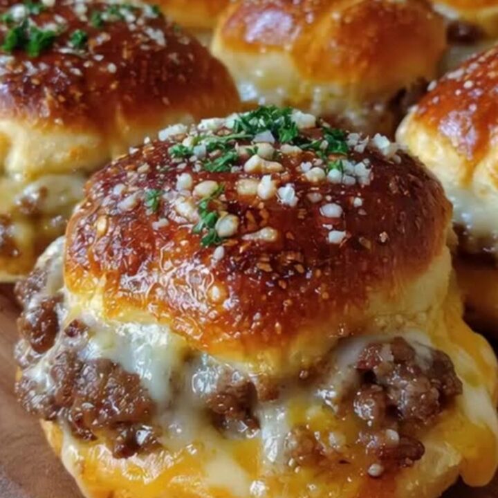 A golden-brown garlic parmesan cheeseburger bomb on a wooden board with a visible cheese pull.