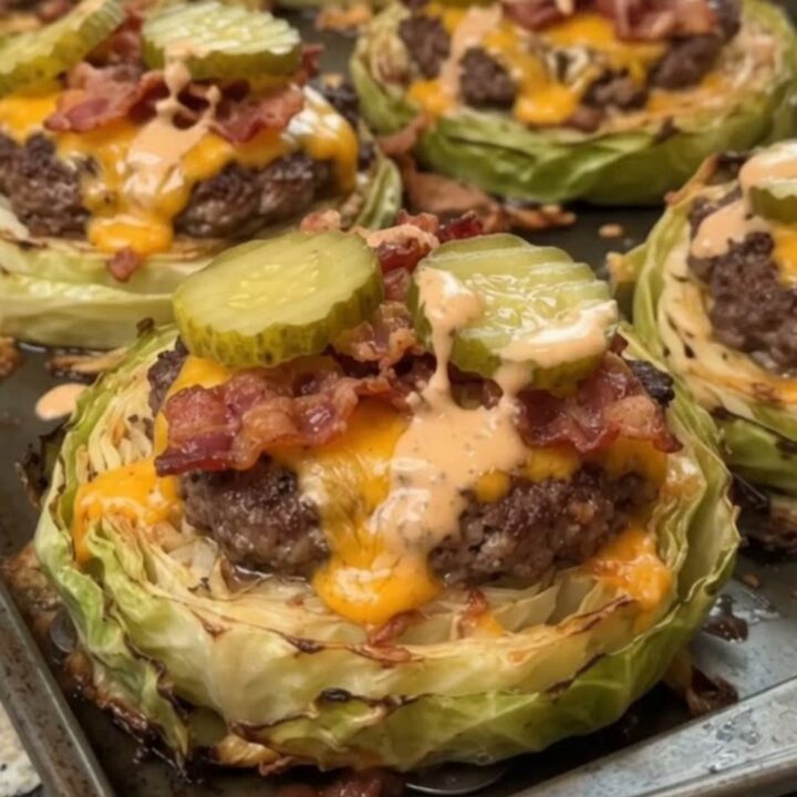 A roasted cabbage burger round topped with a patty, melted cheddar, bacon, and sauce on a baking sheet.