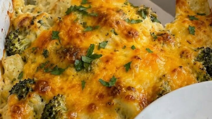 A steaming, creamy chicken and broccoli casserole in a white baking dish topped with melted golden cheddar cheese.
