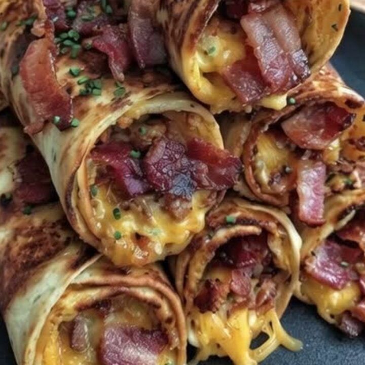 A stack of golden-brown, crispy bacon cheeseburger rollups on a dark platter.