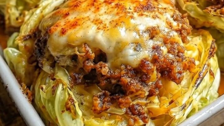 A golden, cheese-topped cabbage steak sitting in a white baking dish.