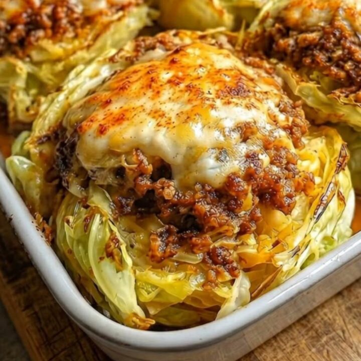 A golden, cheese-topped cabbage steak sitting in a white baking dish.