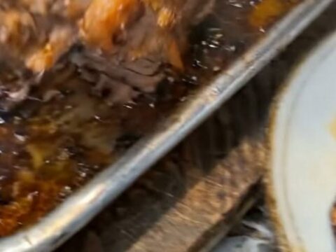 A perfectly roasted whole chicken in a metal pan with a dark, glossy, caramelized honey-garlic glaze.