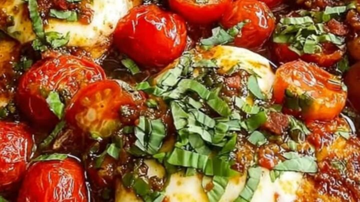 A cast-iron skillet filled with seared chicken breasts topped with melted mozzarella and blistered cherry tomatoes.