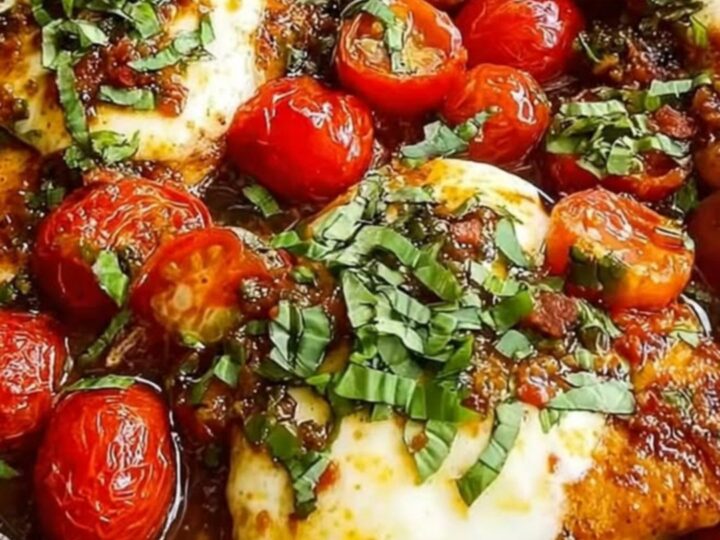 A cast-iron skillet filled with seared chicken breasts topped with melted mozzarella and blistered cherry tomatoes.