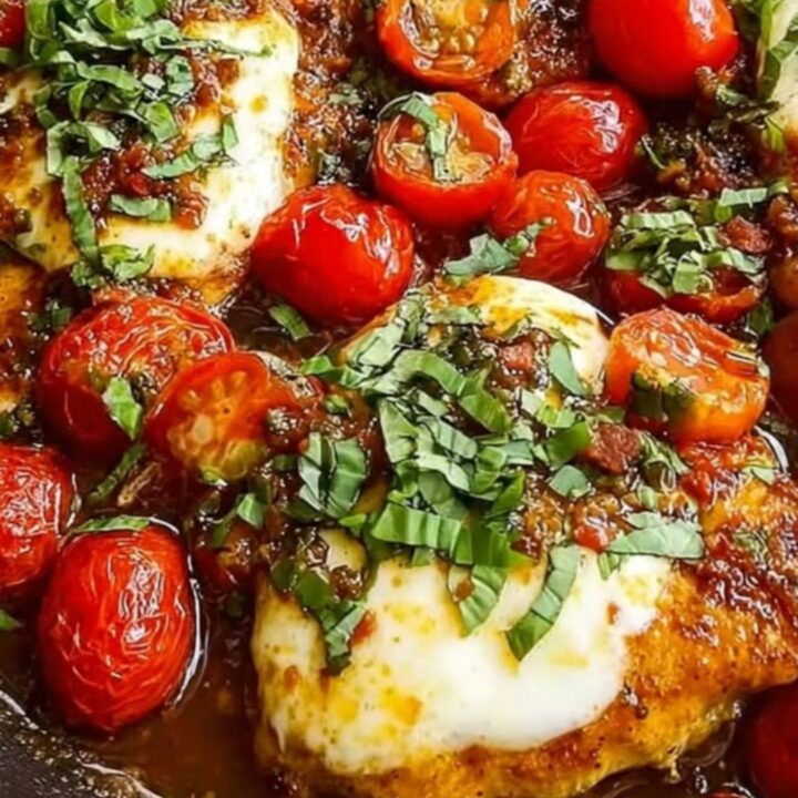 A cast-iron skillet filled with seared chicken breasts topped with melted mozzarella and blistered cherry tomatoes.
