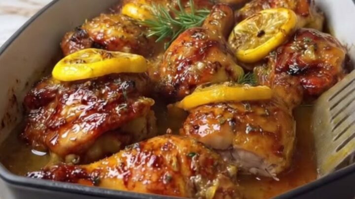 A close-up of a perfectly caramelized, glossy honey lemon garlic chicken thigh in a matte black dish.