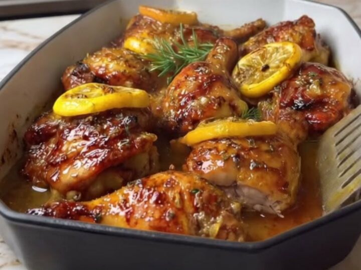 A close-up of a perfectly caramelized, glossy honey lemon garlic chicken thigh in a matte black dish.