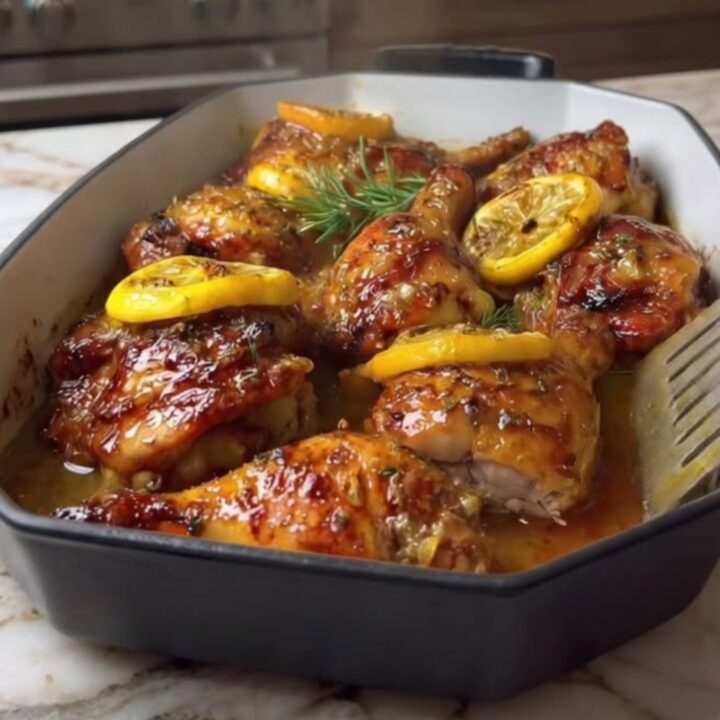 A close-up of a perfectly caramelized, glossy honey lemon garlic chicken thigh in a matte black dish.