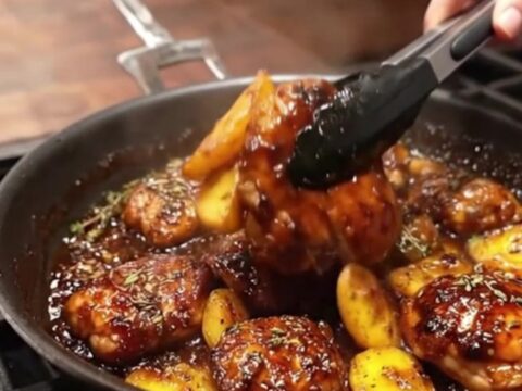 A close-up view of a cast-iron skillet filled with golden-brown chicken thighs and potato wedges coated in a glossy